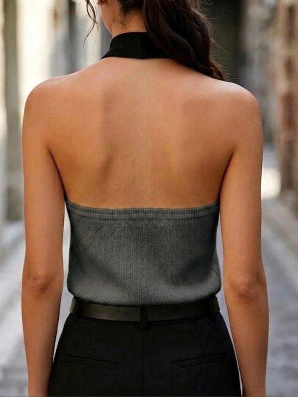 Multicolor Casual Women's Geometric Pattern Halter Neck Knit Top - Picture 2 of 4